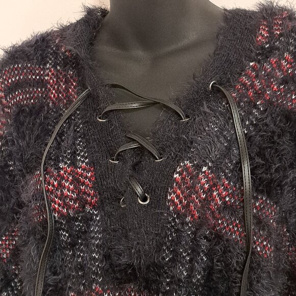 Rock & Republic Plaid Fuzzy Hoodie Long Sleeve Sweater Misses Size Large - Picture 8 of 10